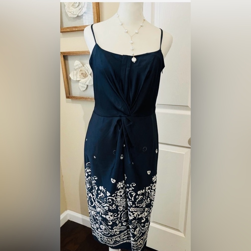 Donna Karan Border Print Satin Slip Dress Navy White Floral Border Dress SZ 6